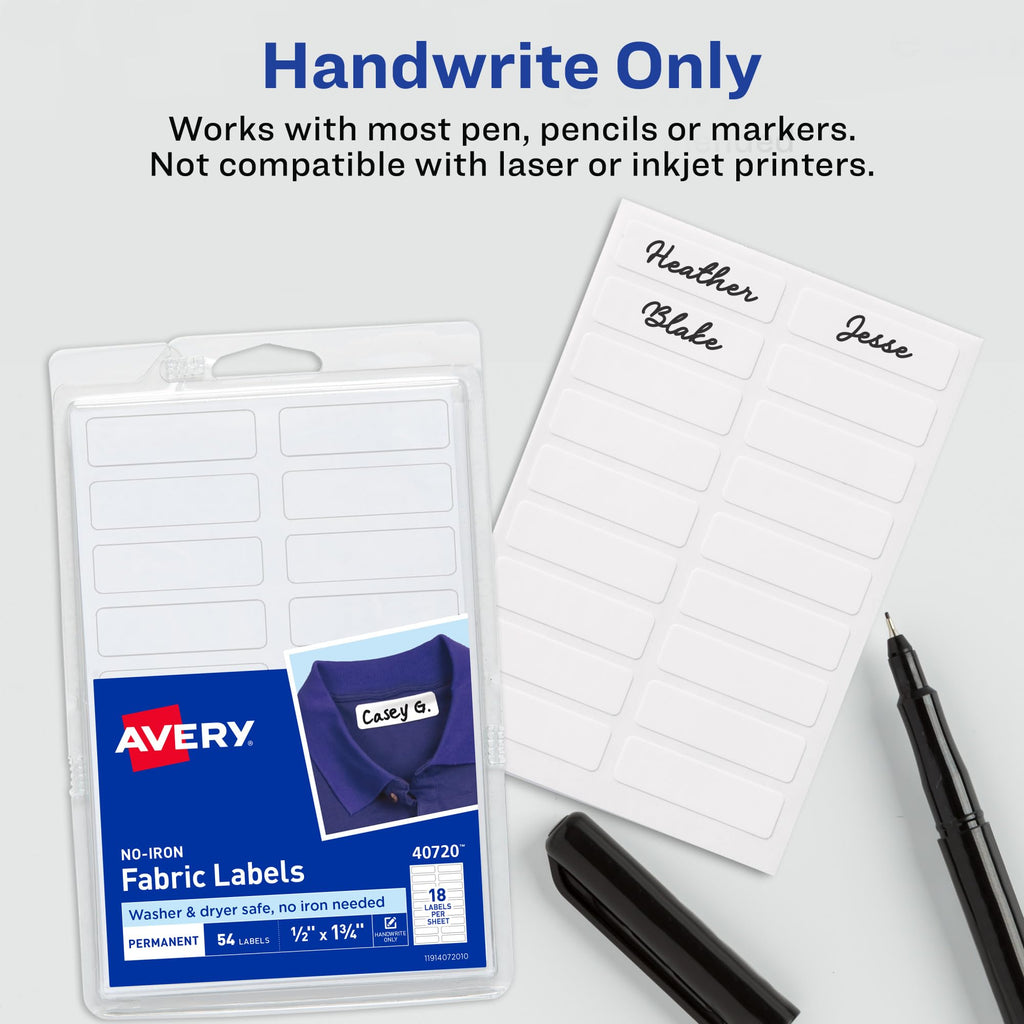 AVERY | No-Iron Fabric Labels, Washer & Dryer Safe, Handwrite(54 Labels ...